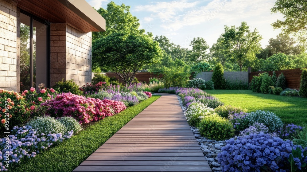 A walkway in front of a house with a variety of flowers and plants A walkway in front of a house with a variety of flowers and plants
