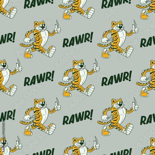 seamless pattern retro cartoon of a tiger holding a fork for hunting