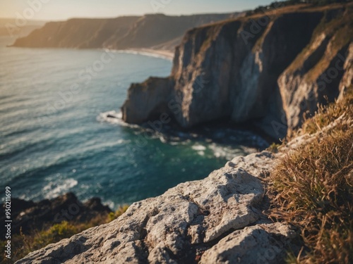 Summer adventure at a dramatically weathered coastal cliff. photo