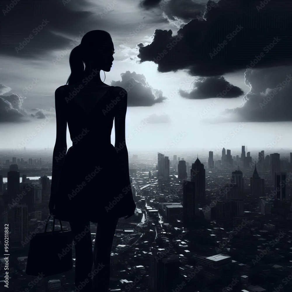  Silhouette Style The woman and city view are depicted in silhou
