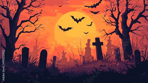 Spooky Halloween in the haunted forest graveyard with bats and scary trees. Happy Halloween Background. 