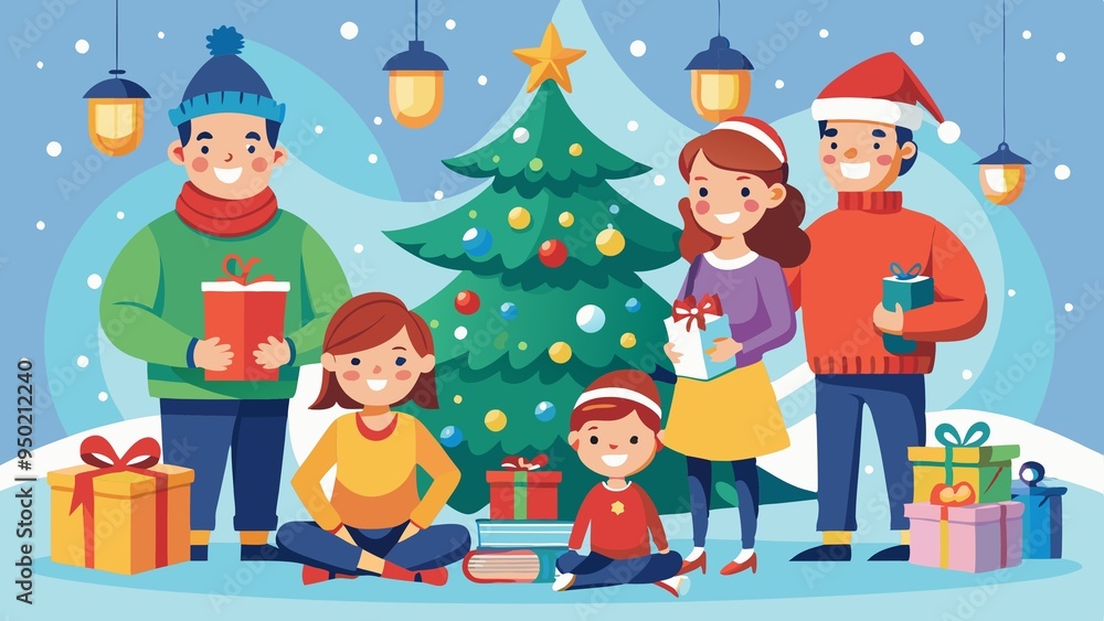 Fototapeta premium Festive Christmas family scene with decorations, a beautifully adorned tree, and coloring books. Embraces the winter spirit and family joy during the holiday season.