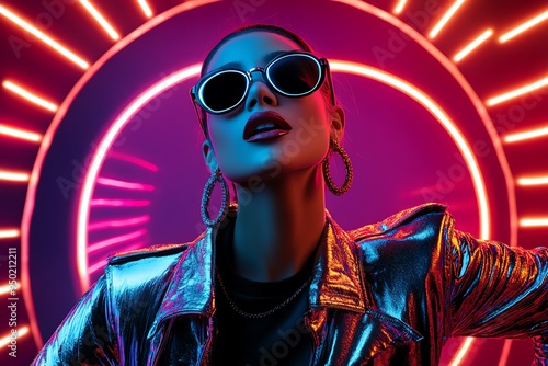 80s style music video set with retro fashion and neon lights, illustrated in a scene where a music video set features a pop star in retro fashion, performing in front of neon lights and abstract