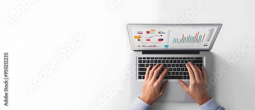 Photo of a person typing on a laptop with graphs and charts displayed in a top view against a white background,workspace photo