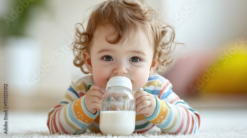 Baby drinking milk from a baby milk bottle 