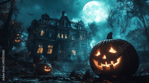 halloween scene horror background with creepy pumpkins of spooky halloween haunted mansion Evil houseat night with full moon photo