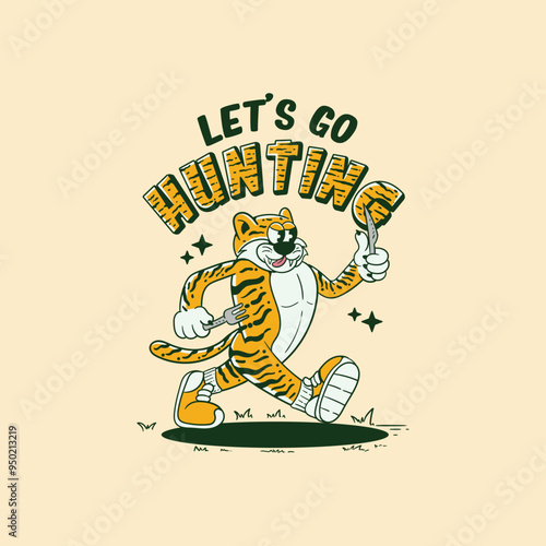 retro cartoon illustration of a tiger holding a fork for hunting