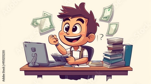 A cartoon illustration of a young boy sitting at his desk, celebrating his success. He is surrounded by money, books, and a laptop. The image symbolizes hard work, achievement, and financial prosperit photo