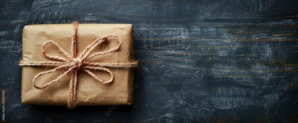 Rustic Brown Paper Gift Box Tied with Twine on Dark Wooden Background Rustic Brown Paper Gift Box Tied with Twine on Dark Wooden Background