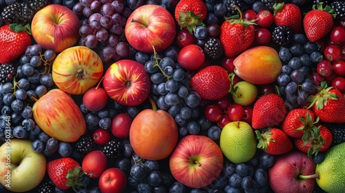 A vibrant arrangement of colorful fruits laid flat in a creative overhead display