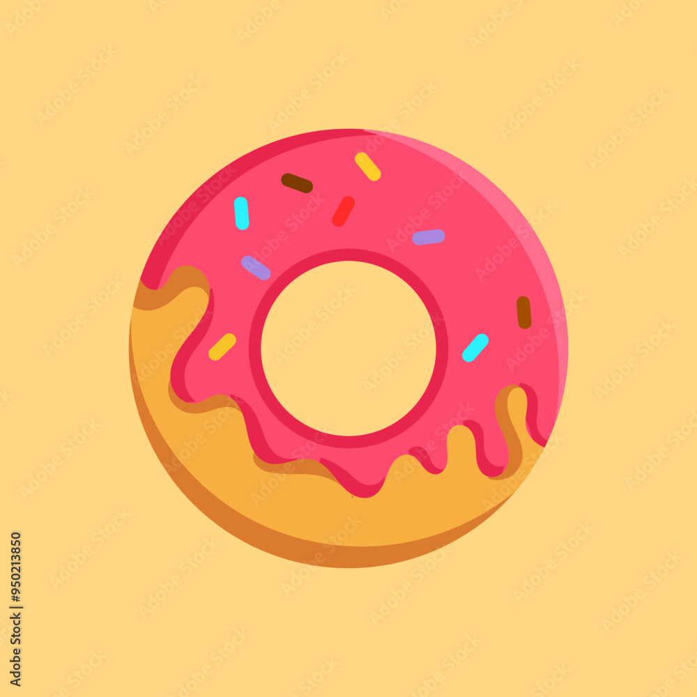 Flat design pink donut illustration. Sprinkled pastry food icon concept. Cartoon style illustration Flat design pink donut illustration. Sprinkled pastry food icon concept. Cartoon style illustration