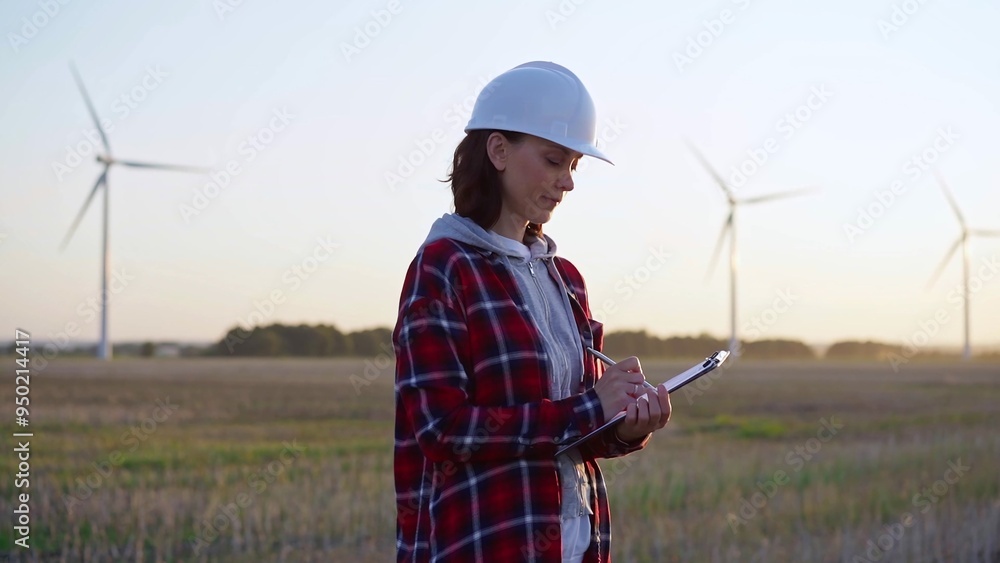 Adult woman engineer taking notes on a clipboard on a field with wind turbines, as the sun sets Adult woman engineer taking notes on a clipboard on a field with wind turbines, as the sun sets