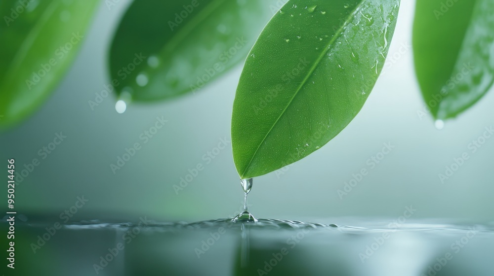 Fototapeta premium A leaf is dripping water, and the water droplets are falling from the leaf