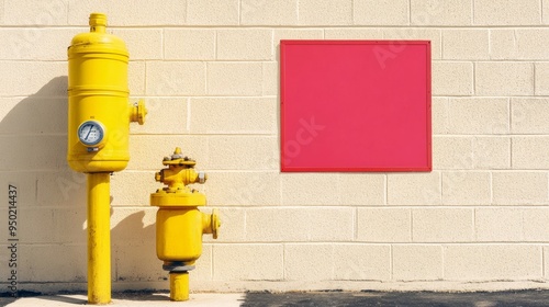 Urban Emergency Theme with Yellow Fire Hydrant and Extinguisher on Bright White Concrete Surface photo