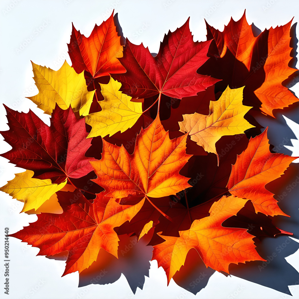 Fototapeta premium A stack of vibrant autumn leaves in various shades of red, orange, and yellow on a white background.