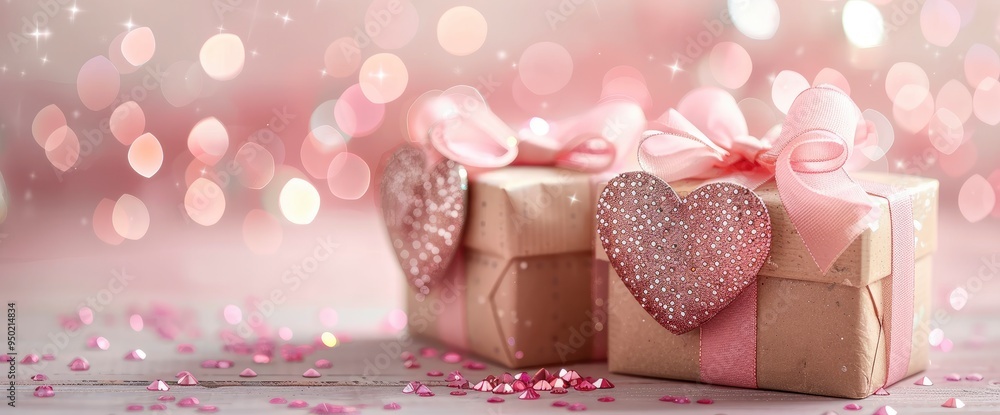 Romantic Gift Boxes with Pink Hearts and Glitter on a Pink Background Romantic Gift Boxes with Pink Hearts and Glitter on a Pink Background