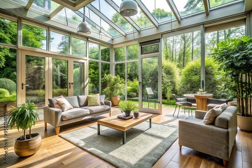 Bright and airy sunroom with sleek glass doors, modern furniture, and lush greenery, bathed in warm natural light, creating a serene and inviting atmosphere.