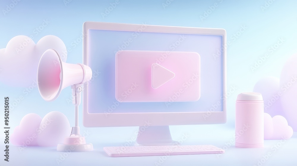 A computer monitor with a pink speaker and a pink video player on it A computer monitor with a pink speaker and a pink video player on it
