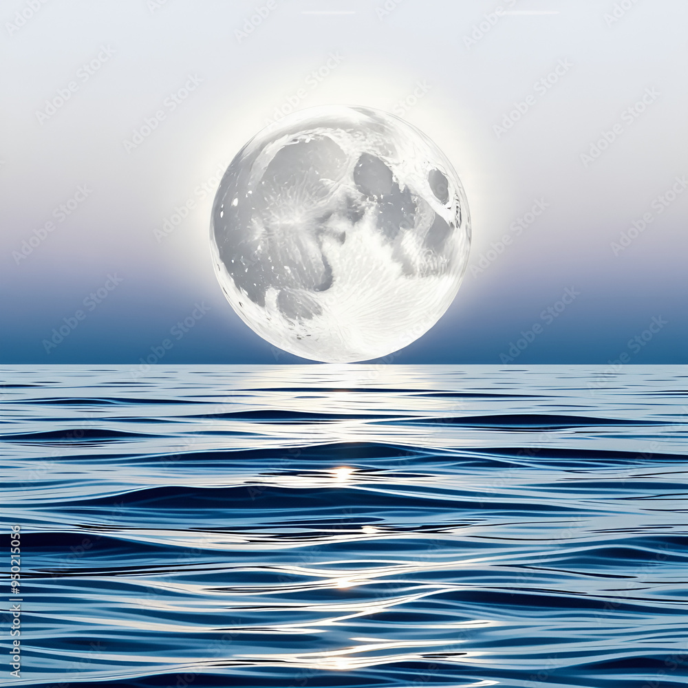 A shining full moon casting a soft glow over a calm sea
A shining full moon casting a soft glow over a calm sea
