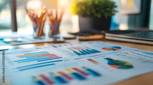 A close-up of financial charts and graphs on an office desk,