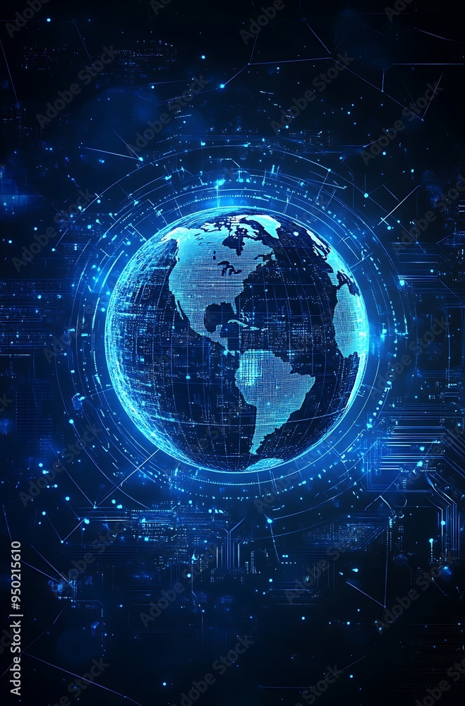 A glowing blue digital earth with intricate circuitry and a dark blue background. A glowing blue digital earth with intricate circuitry and a dark blue background.