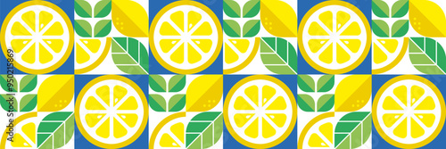 Lemon abstract geometric background.Summer botanical vector illustration.Citrus flavor.Organic food.Bauhaus trendy design.Modern seamless pattern with fruits and leaves.Set of icons in flat style.