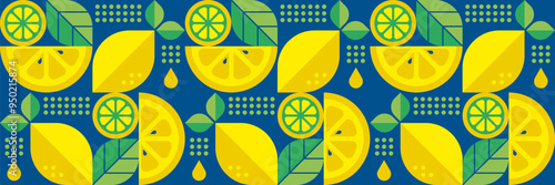 Lemons.Abstract geometric background.Organic food.Bauhaus minimalist design.Modern seamless pattern with citrus fruits, slices and leaves.Summer vector illustration.Set of icons in flat style.