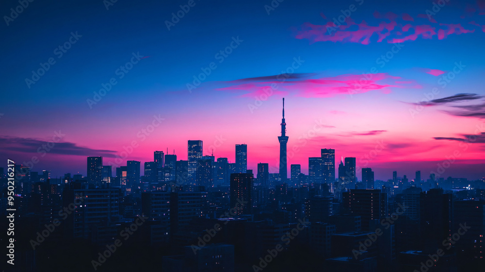 Fototapeta premium A glowing outline of city skyline at dusk, showcasing vibrant colors and silhouettes of buildings against stunning twilight sky.