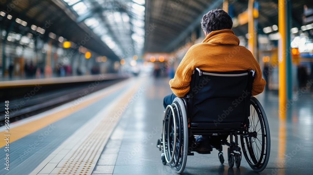 Obraz premium Disabled person in a wheelchair on tram stop on the urban city street needing help outdoors