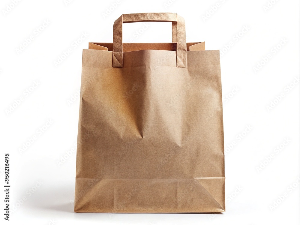 Brown paper bag template with handles and fold-over top, isolated on white background, perfect for branding, packaging, and product design visualizations. Brown paper bag template with handles and fold-over top, isolated on white background, perfect for branding, packaging, and product design visualizations.