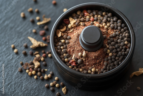 Crushed Pepper close-up on a charcoal surface