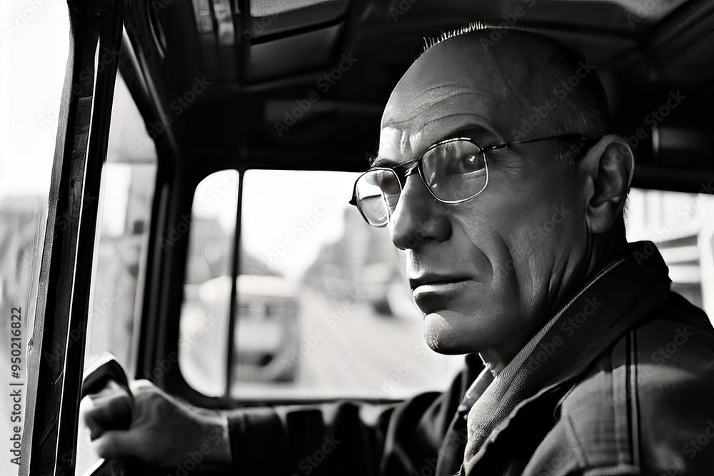 the driver a bald man with glasses leans forward to get a better the driver a bald man with glasses leans forward to get a better