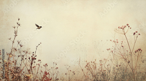 A serene scene featuring bird in flight above delicate wildflowers, evoking sense of tranquility and natures beauty.