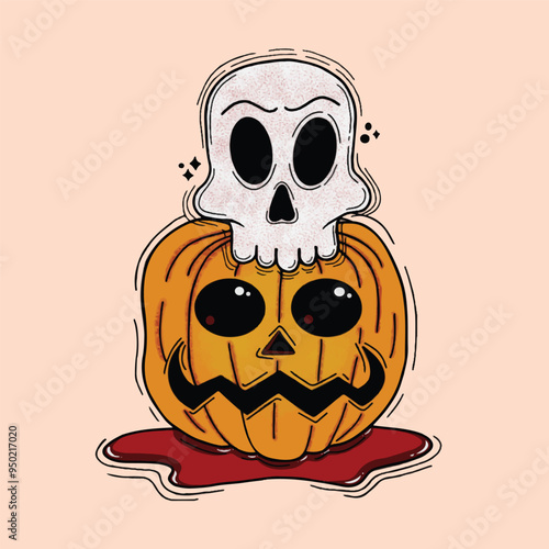 pumpkin fruit mascot illustration with skull  for halloween mascot  vector illustration