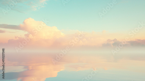 A serene view of subtle pastel clouds floating in light faded sky, reflecting beautifully on calm water surface.