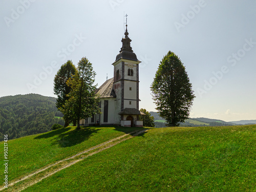 Aerial shot of the church on top of the hill.