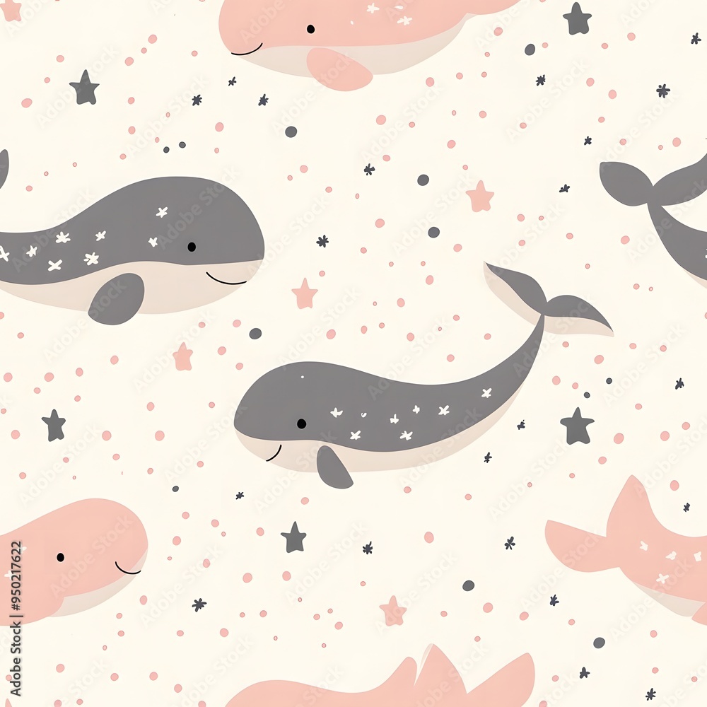 pink and gray baby whales, pastel background with stars, seamless pattern pink and gray baby whales, pastel background with stars, seamless pattern