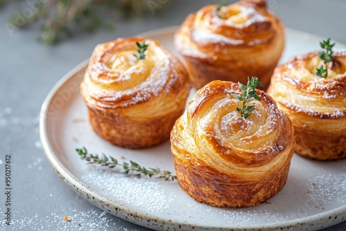 Wallpaper Mural Homemade fresh baked cruffin sprinkle with icing or powdered sugar decorate with thyme leaf on white plate. Cruffin is a mixed of flaky layer croissant and muffin in muffin shape. Modern trend bakery Torontodigital.ca