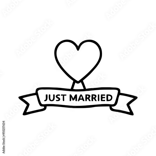 Newlyweds icon text just married,   vector illustration, black and white
