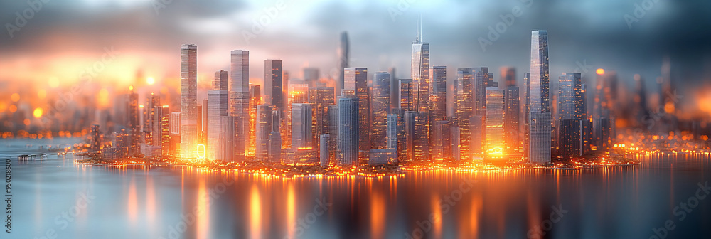 Vibrant Metropolis at Dusk, Overlooking High-rise Skyscrapers Illuminated with Golden Lights Reflecting Over the Serene Waterfront Creating an Urban Dreamscape Vibrant Metropolis at Dusk, Overlooking High-rise Skyscrapers Illuminated with Golden Lights Reflecting Over the Serene Waterfront Creating an Urban Dreamscape