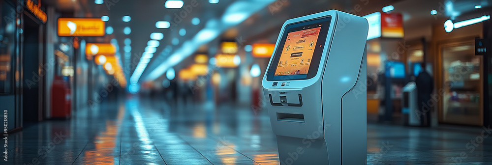 Airport terminal with self-service kiosk, bright blue and orange, clean and organized, illustrating a modern traveler-oriented atmosphere Airport terminal with self-service kiosk, bright blue and orange, clean and organized, illustrating a modern traveler-oriented atmosphere
