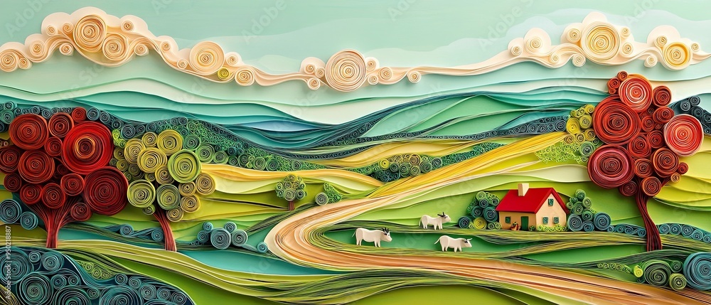 Artistic paper quilling of a peaceful countryside with rolling meadows, grazing animals, and a quaint farmhouse Artistic paper quilling of a peaceful countryside with rolling meadows, grazing animals, and a quaint farmhouse