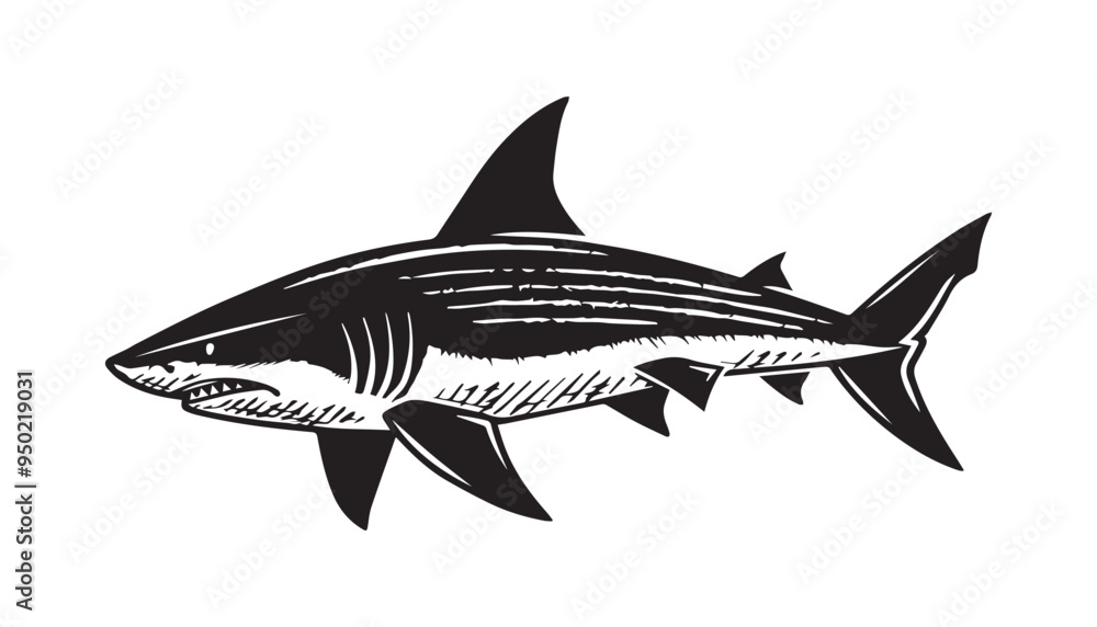 Hand-Drawn Shark Illustration in Black and White with Vintage Engraved Style Hand-Drawn Shark Illustration in Black and White with Vintage Engraved Style