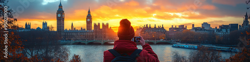 Captured Moment of Tourist Taking Photo of London Skyline at Sunset, Featuring Iconic Landmarks, Vibrant Sky Colors, and Reflective Water
