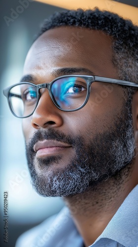 Close-up of a thoughtful male professional with glasses, showcasing a serious expression in a modern office setting