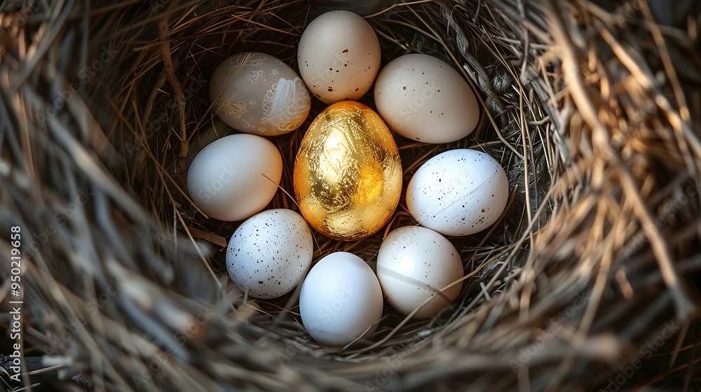 One golden egg between nine ordinary eggs in a nest, symbolizing the uniqueness and special qualities of an individual in a metaphorical context One golden egg between nine ordinary eggs in a nest, symbolizing the uniqueness and special qualities of an individual in a metaphorical context