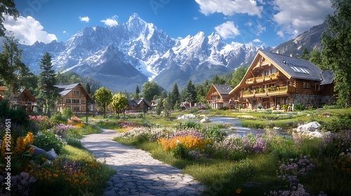 Tranquil Alpine Village Nestled Amid Snow-Capped Mountains and Serene Lakes