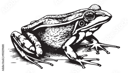 Vintage frog illustration in black and white engraving style with detailed texture