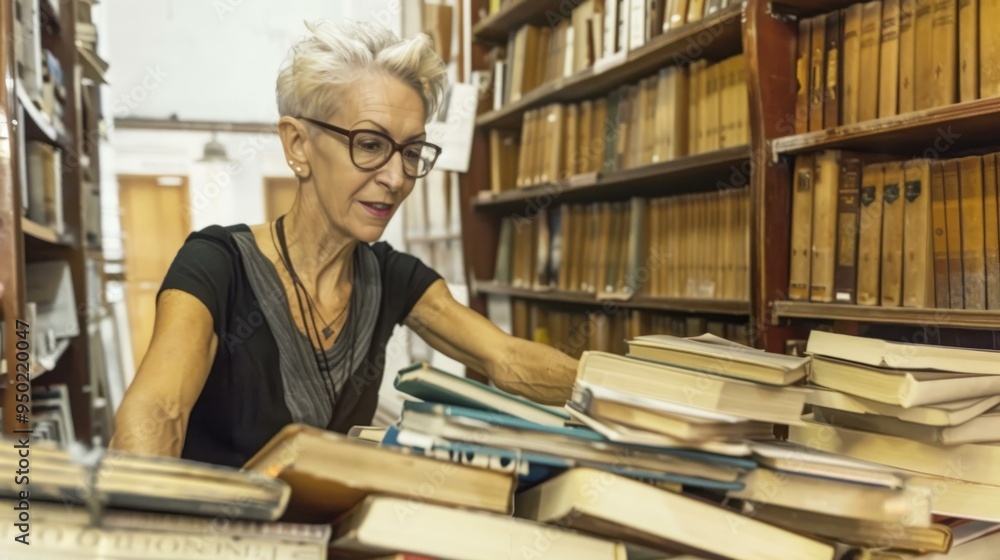 elderly woman searching for books in a library close-up, enjoying hobbies and free time, retired life, copy space elderly woman searching for books in a library close-up, enjoying hobbies and free time, retired life, copy space