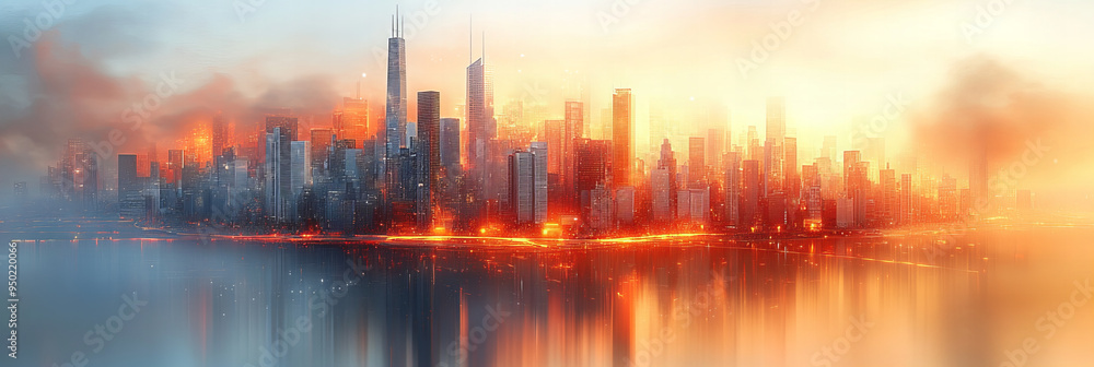 Dramatic city skyline against a glowing sunrise, blending warm hues with urban silhouettes for a breathtaking urban landscape Dramatic city skyline against a glowing sunrise, blending warm hues with urban silhouettes for a breathtaking urban landscape